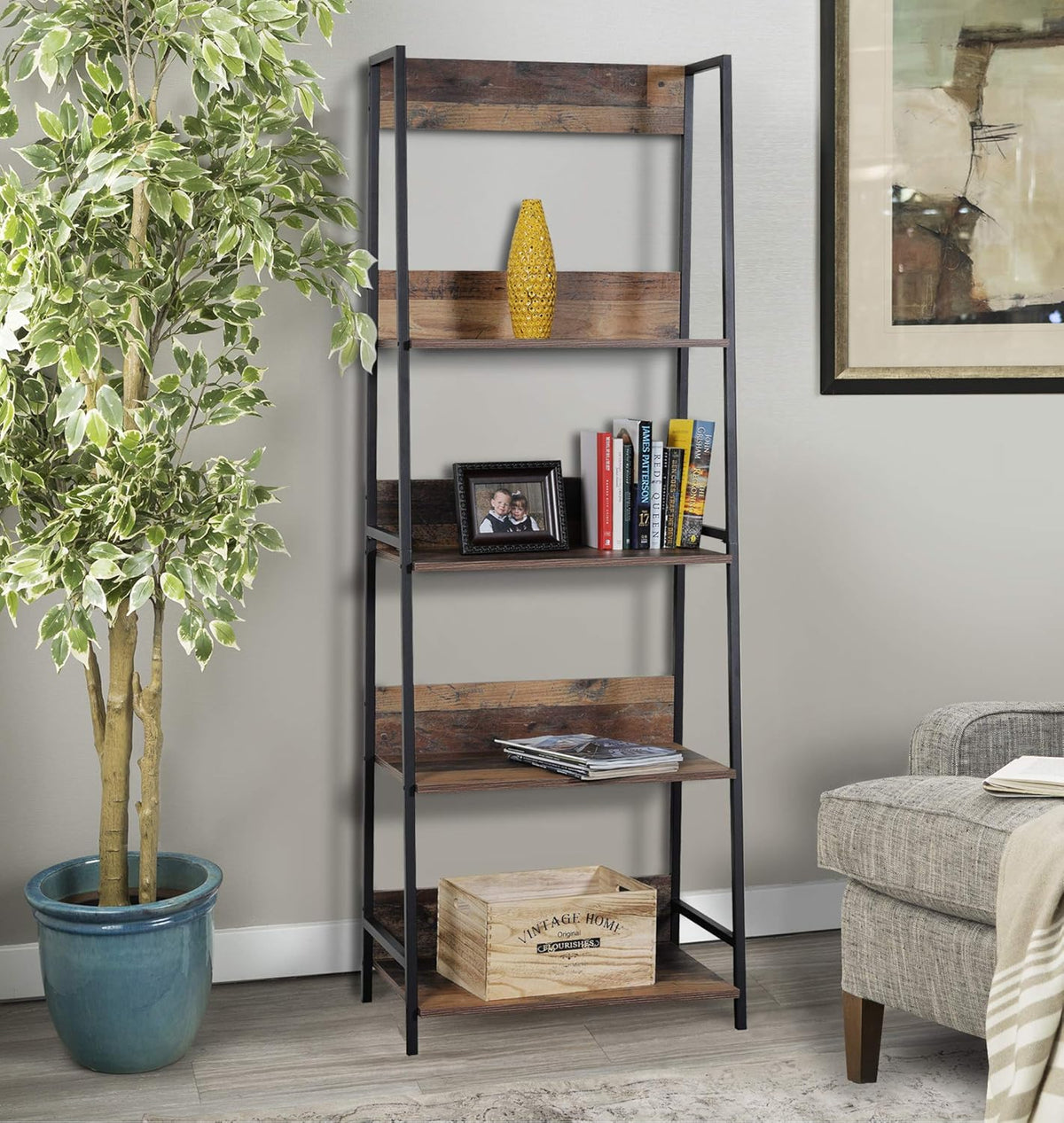 Rustic Planked Knotty Pine Ladder Bookcase X567