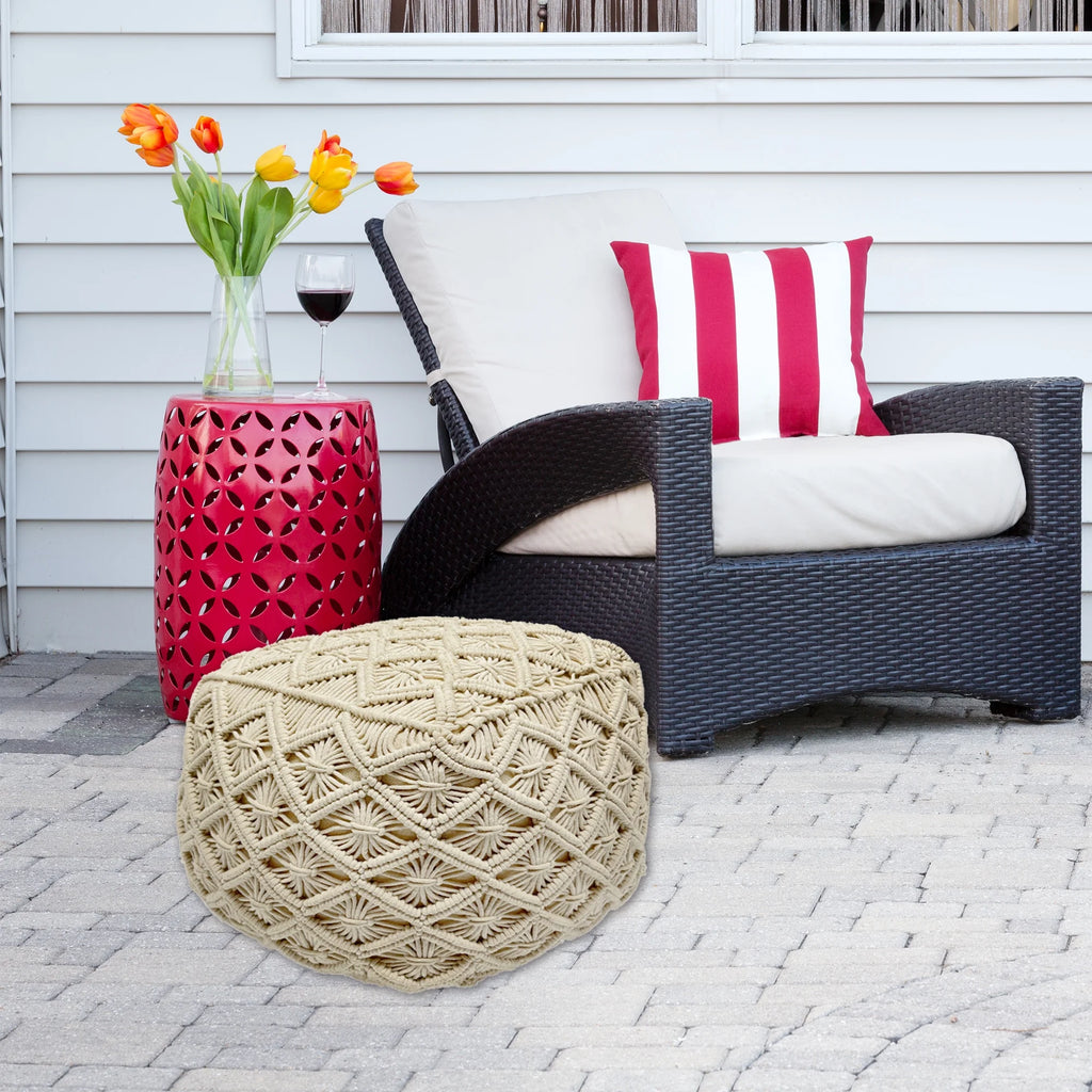 18" Beige Handmade Macramé Cotton Pouf Ottoman R8322
