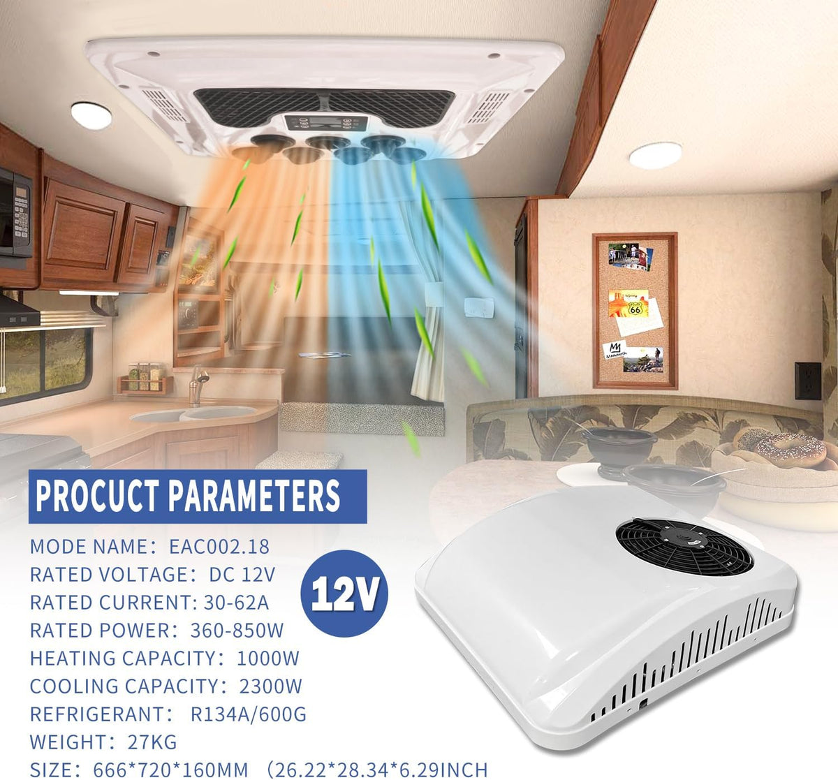 12V Rooftop RV Air Conditioner Heat and Cool White F7420