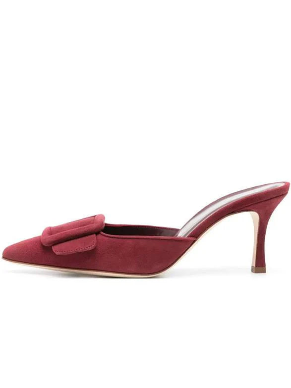 Cow Suede Belt Buckle Pointed Toe Stiletto Heel Pumps I4811