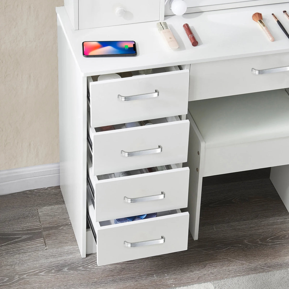 White Vanity Desk with LED Lighted Sliding Mirror and Stool T869