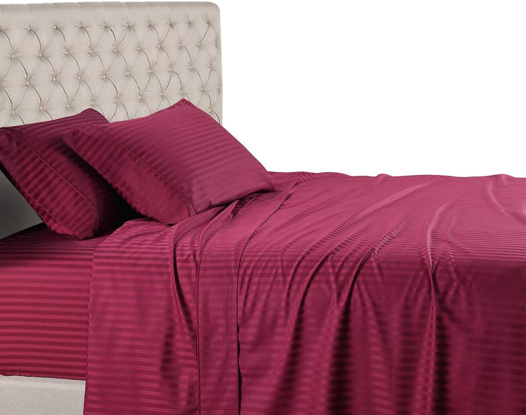 White 600 Thread Count 100% Cotton Sateen Stripe 4PC California King Size Bed Sheet Set H2778