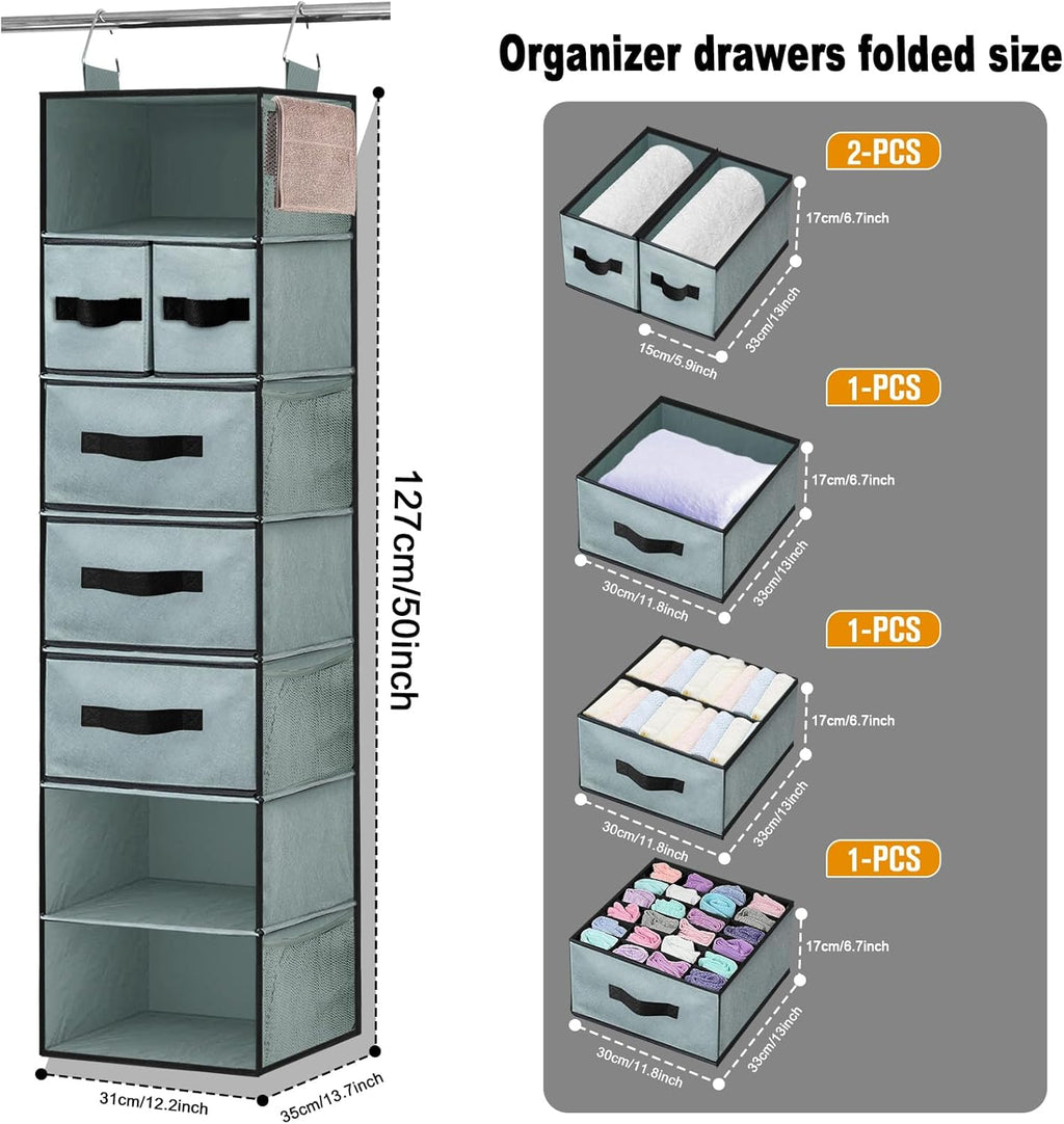 Grey Hanging Closet Organizer with 7 Shelves, 5 Drawers, 6 Side Pockets N429