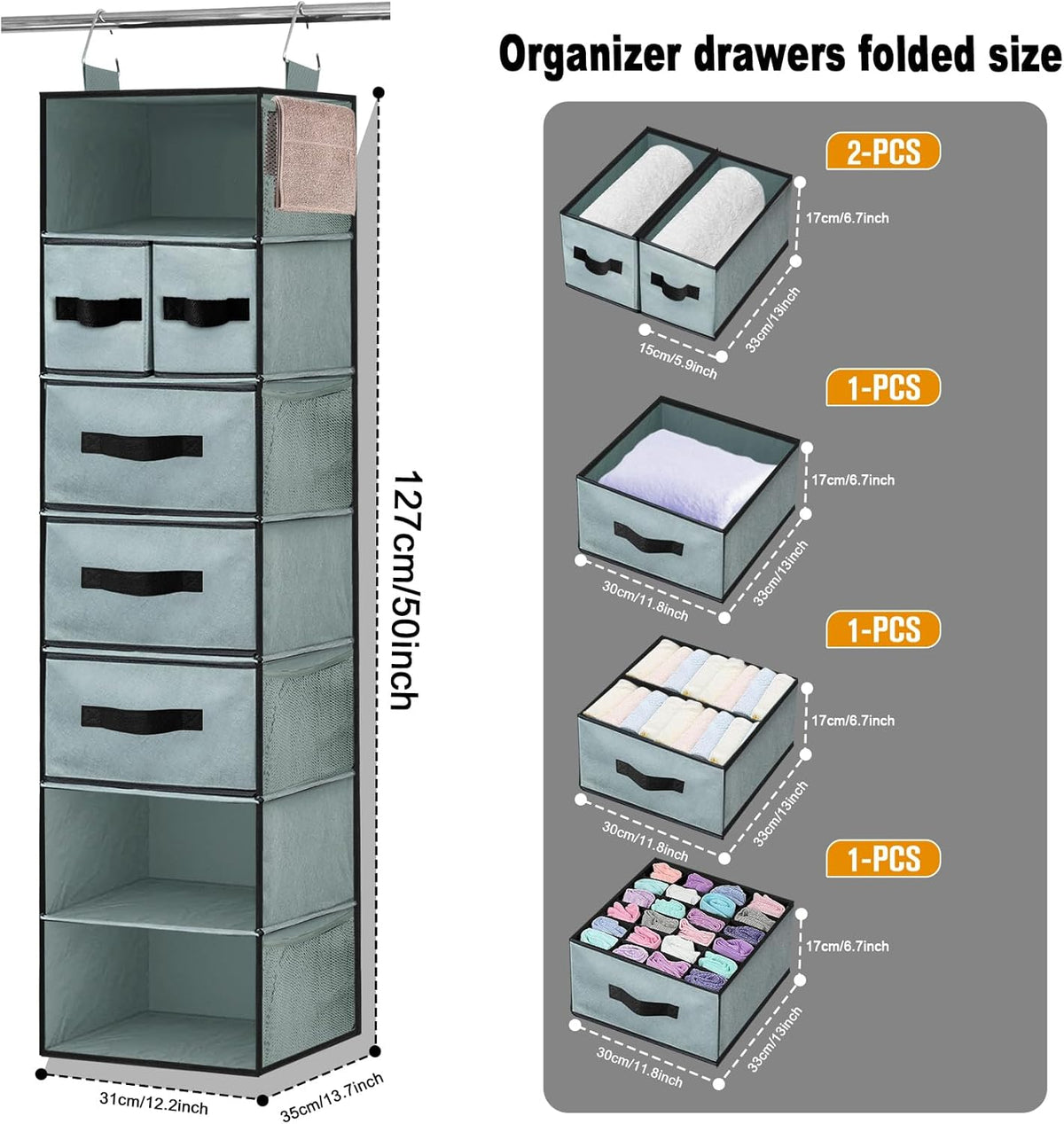 Grey Hanging Closet Organizer with 7 Shelves, 5 Drawers, 6 Side Pockets N429