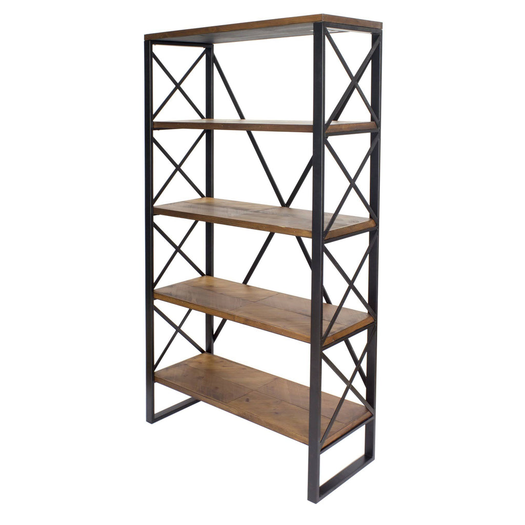 Natural and Orange Metal Wood Bookcase with 5 Shelves F4707