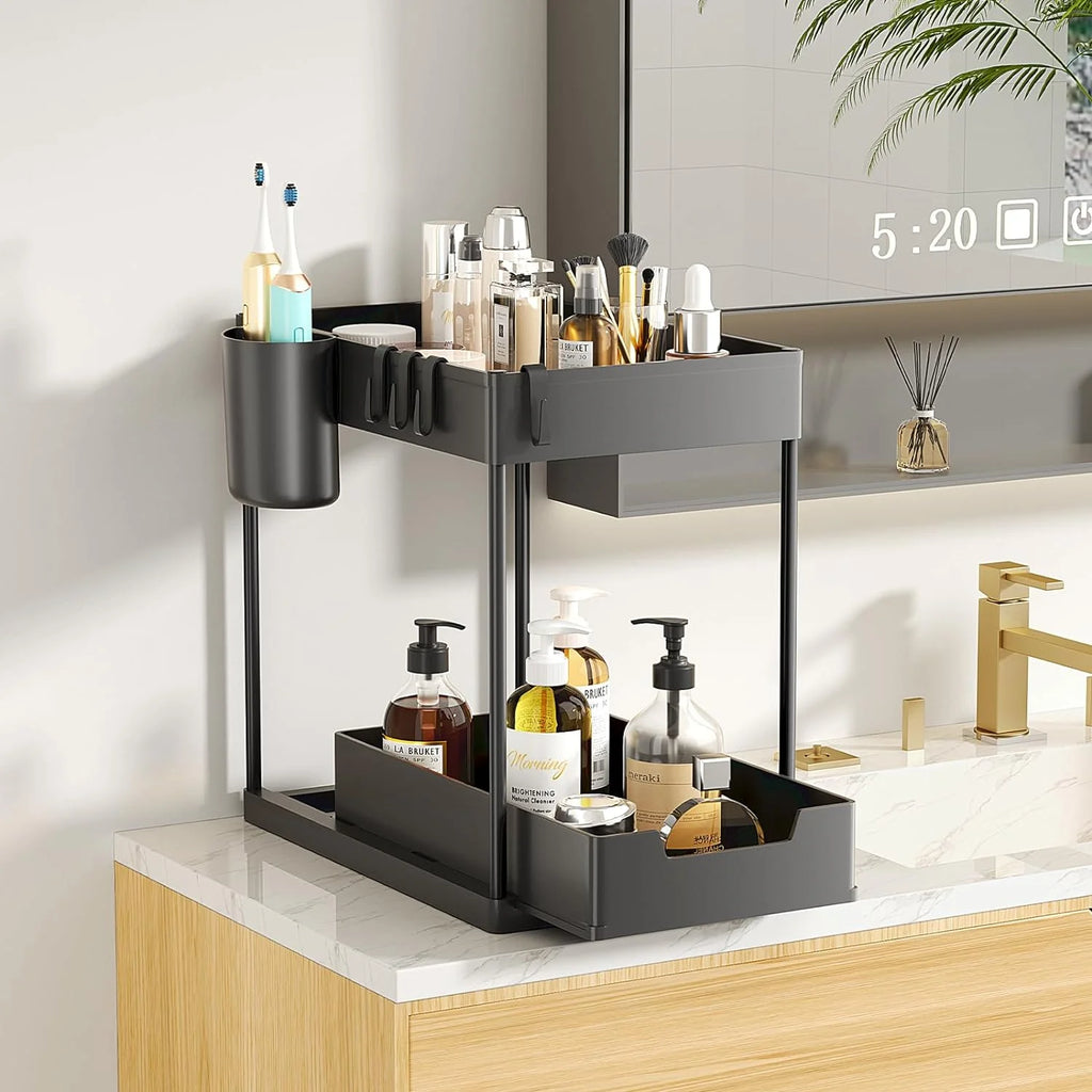 2 Tier Pull-out Under Sink Organizer with Hooks and Hanging Cup O1368