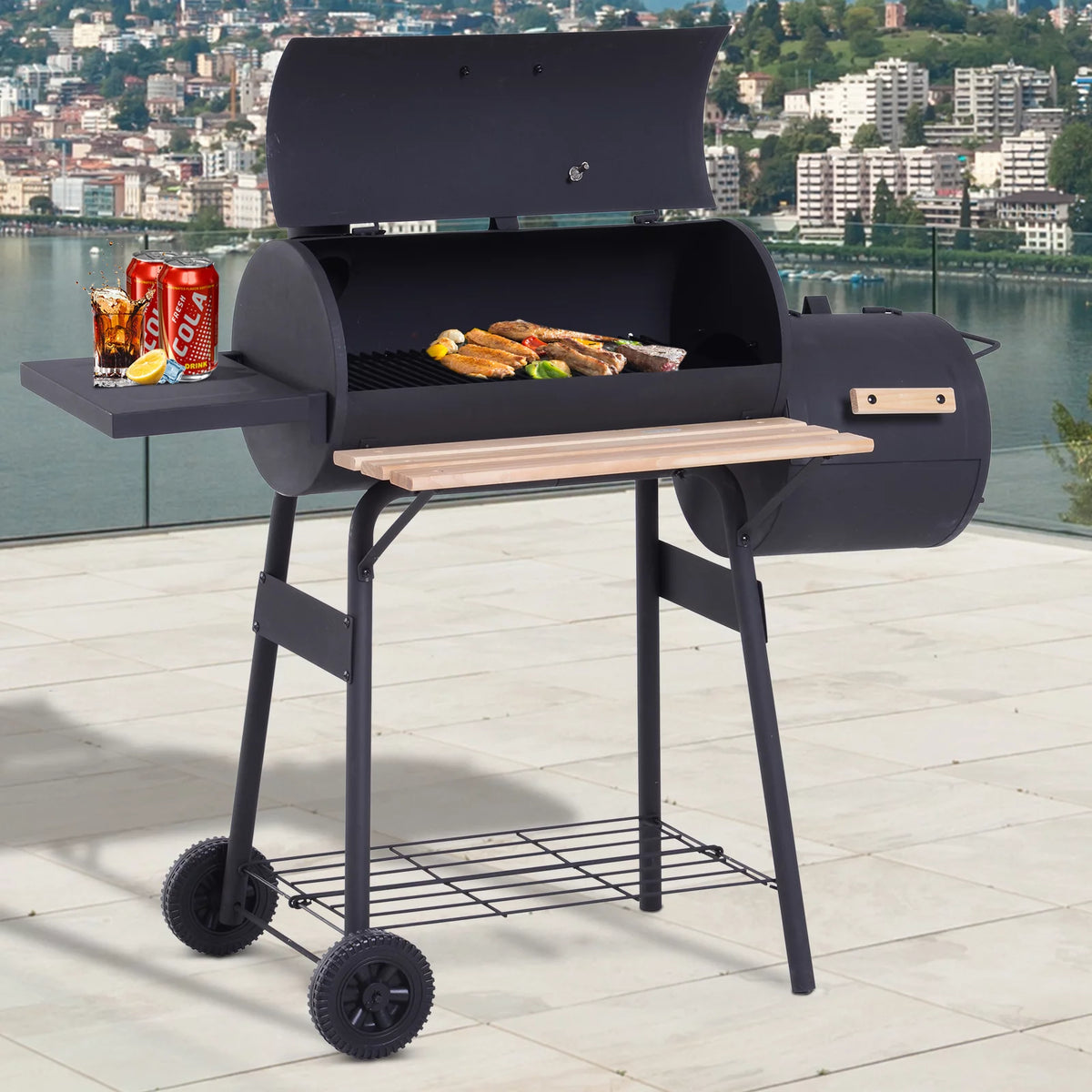 48" Steel Portable Charcoal BBQ Grill and Offset Smoker Combo with Wheels M237