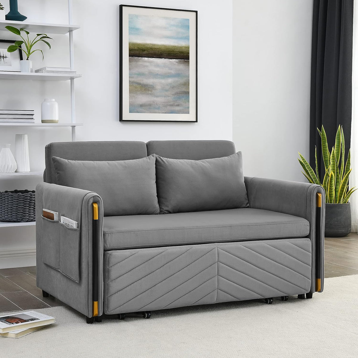 Gray Velvet Convertible Sofa with Pull Out Bed N520