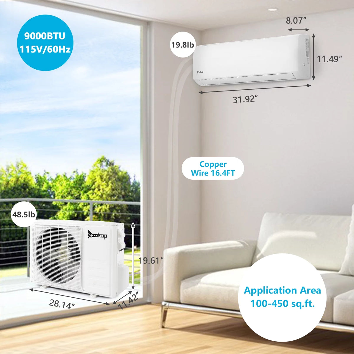 9000 BTU Wifi Enabled 19 Seer Mini Split Air Conditioner & Heater Q26113