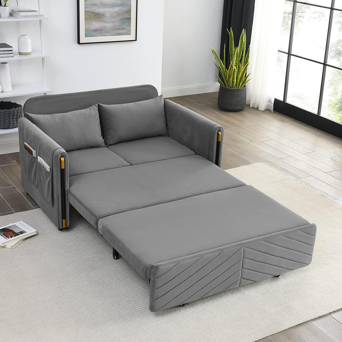 Gray Velvet Convertible Sofa with Pull Out Bed N520