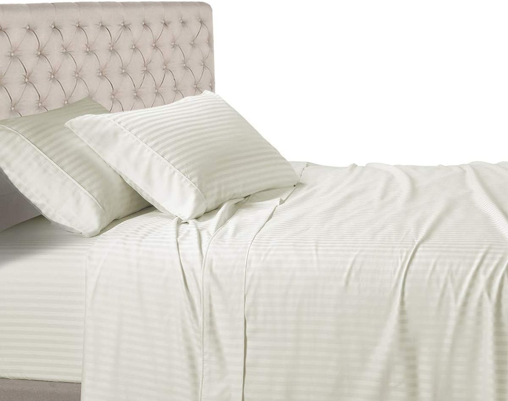 White 600 Thread Count 100% Cotton Sateen Stripe 4PC California King Size Bed Sheet Set H2778