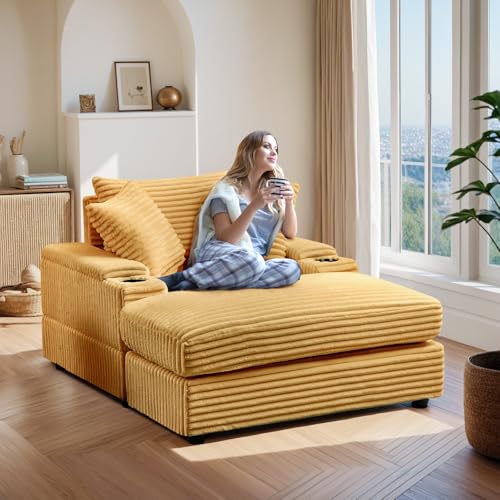 Oversized Corduroy Chaise Lounge Chair with Ottoman and Cup Holder N52132