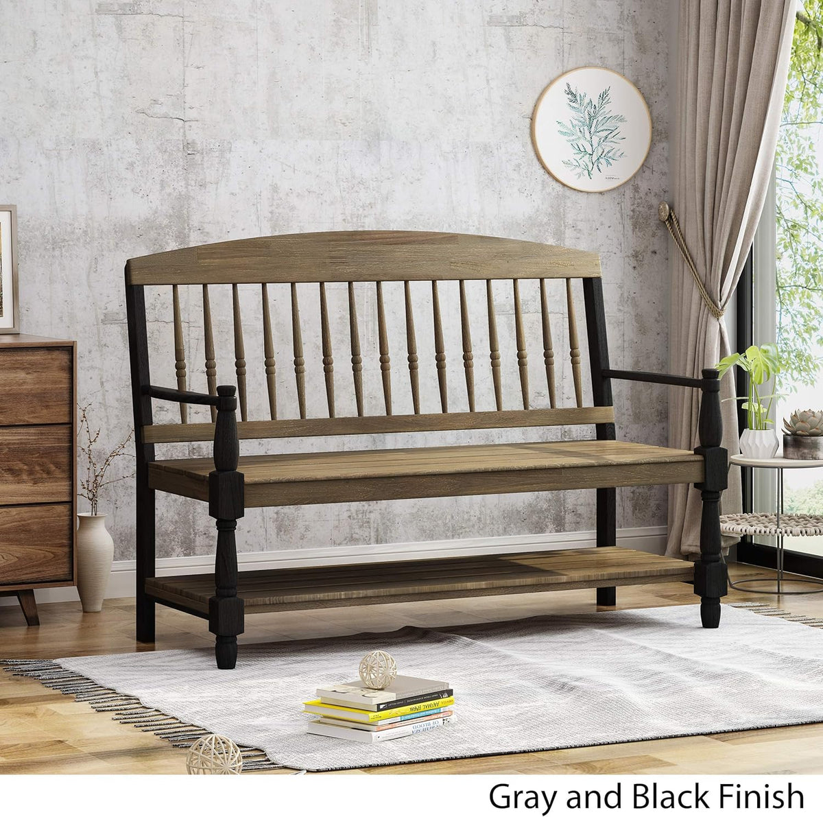Gray and Black Acacia Wood Bench with Shelf R1668