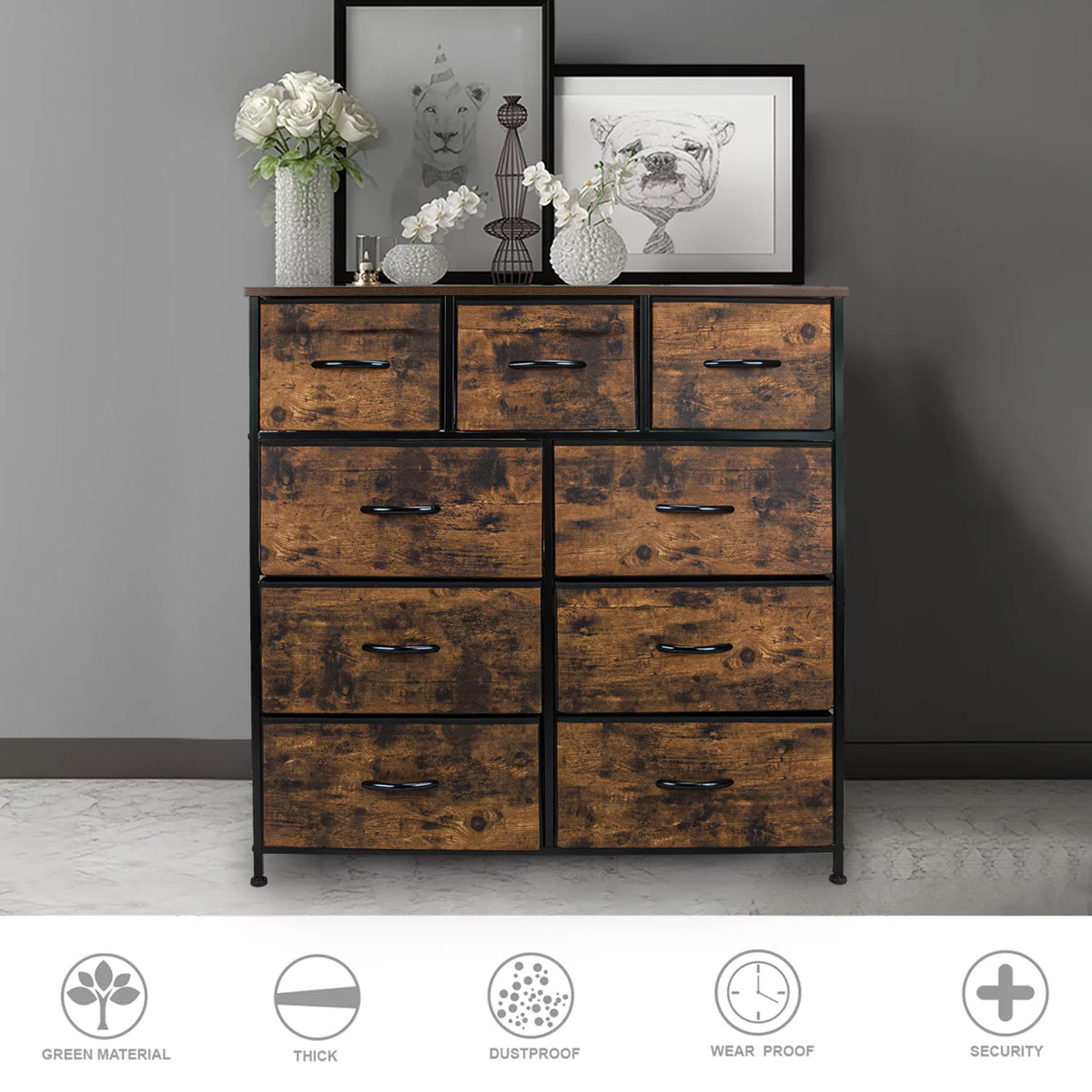 Fabric 9 Drawer Dresser with Wood Top J695344