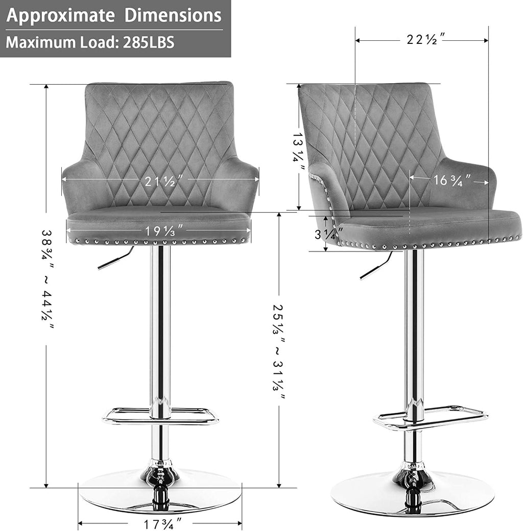 Gray Adjustable Swivel Velvet Bar Stool with Back S457456