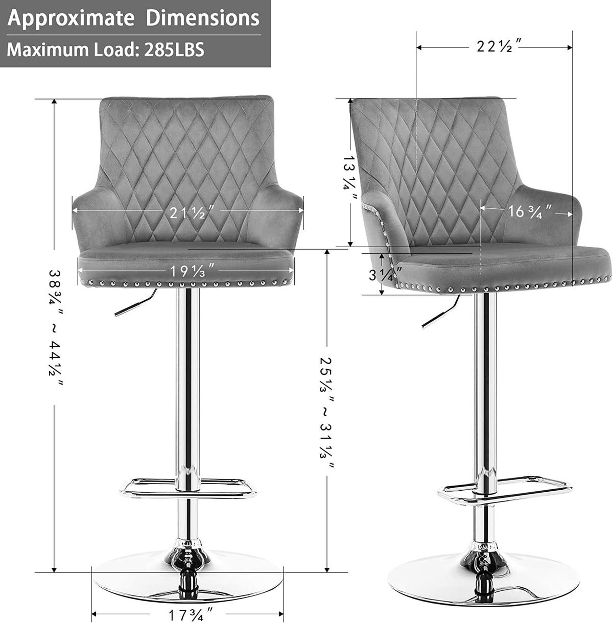 Gray Adjustable Swivel Velvet Bar Stool with Back S457456