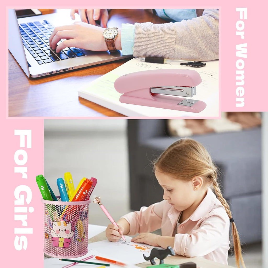 Pink Office Supplies Set with Stapler, Tape Dispenser, Pen Holder, 1000 Staples V34439