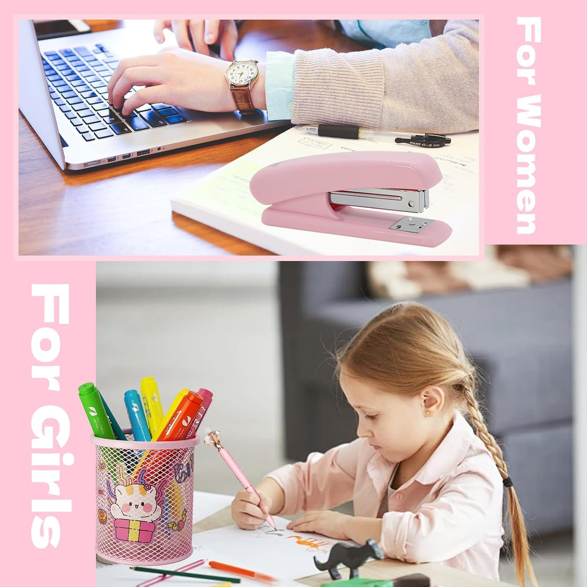 Pink Office Supplies Set with Stapler, Tape Dispenser, Pen Holder, 1000 Staples V34439