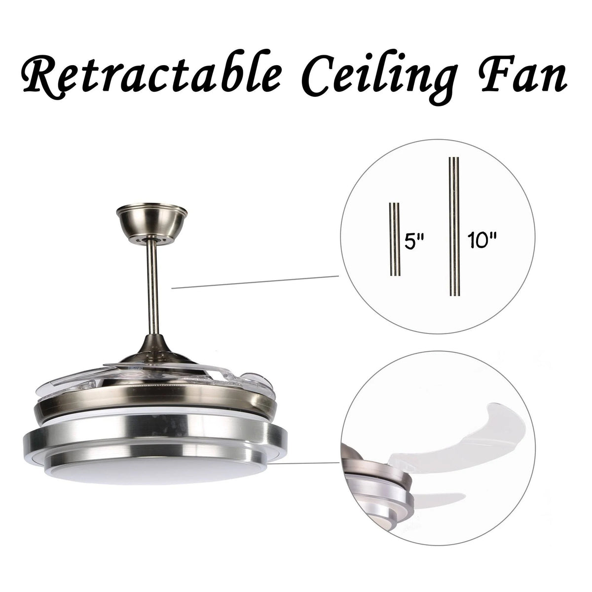 Retractable Metal LED Ceiling Fan with Remote - 42 Inches White N96797