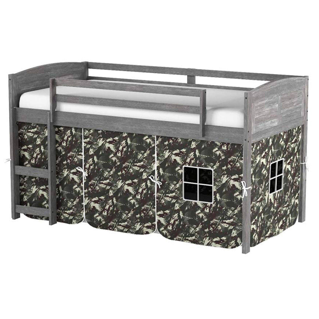 Antique Grey Twin Low Loft Bed with Camo Tent J724