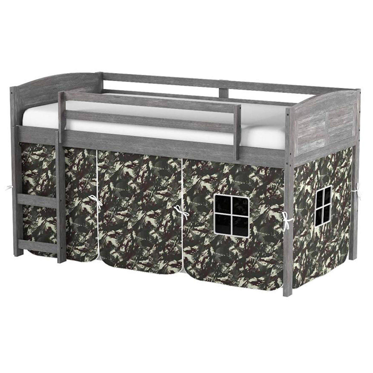 Antique Grey Twin Low Loft Bed with Camo Tent J724
