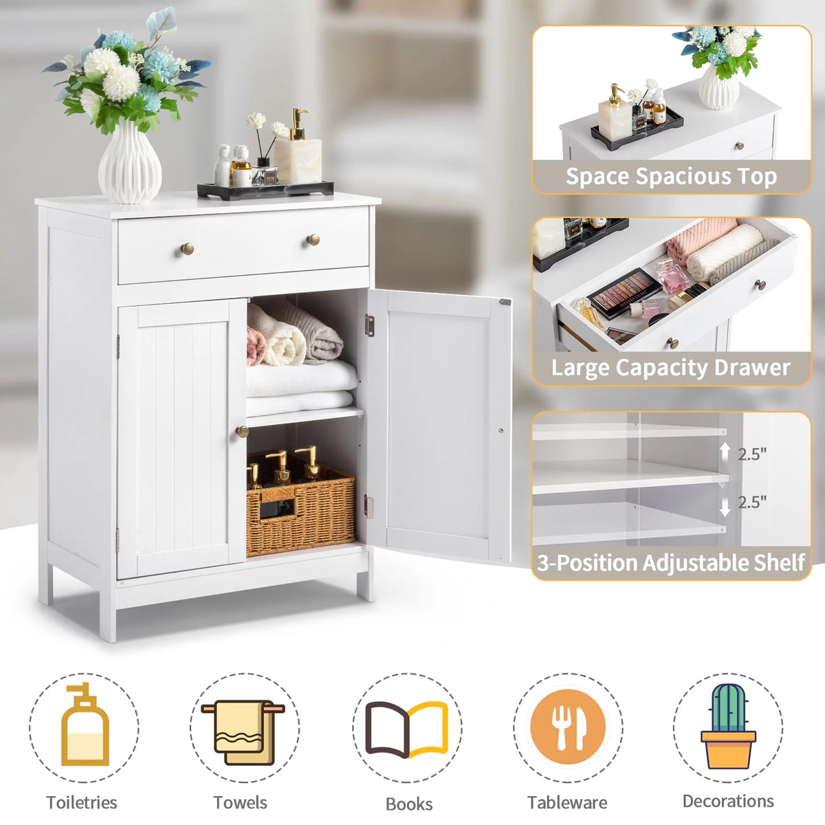 White Freestanding Bathroom Floor Cabinet with Drawer and 2 Doors P3473
