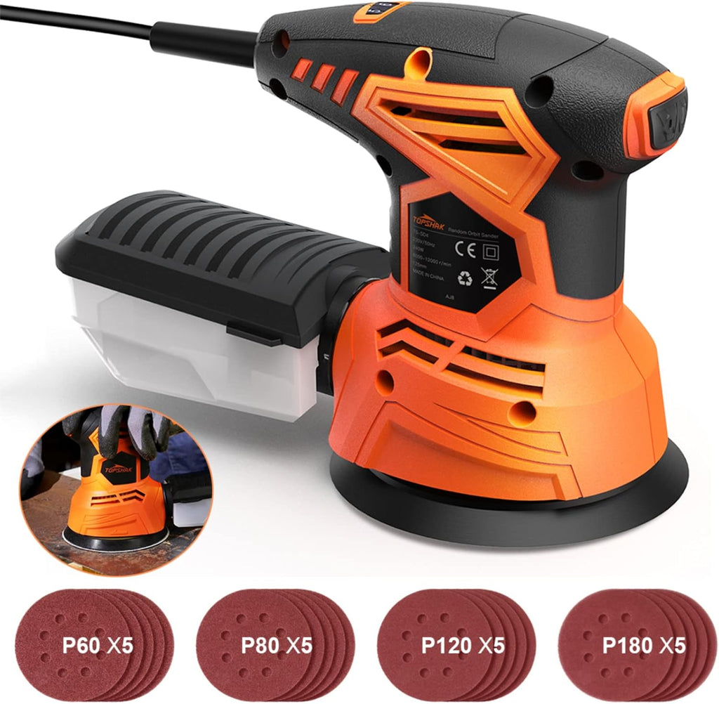 Random Orbit Sander, 260W Palm Sander with 20pcs Sanding Paper, 5 Inches, 14000 RPM, Pack of 2 F952059