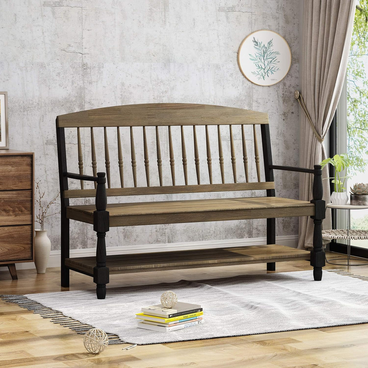 Gray and Black Acacia Wood Bench with Shelf R1668