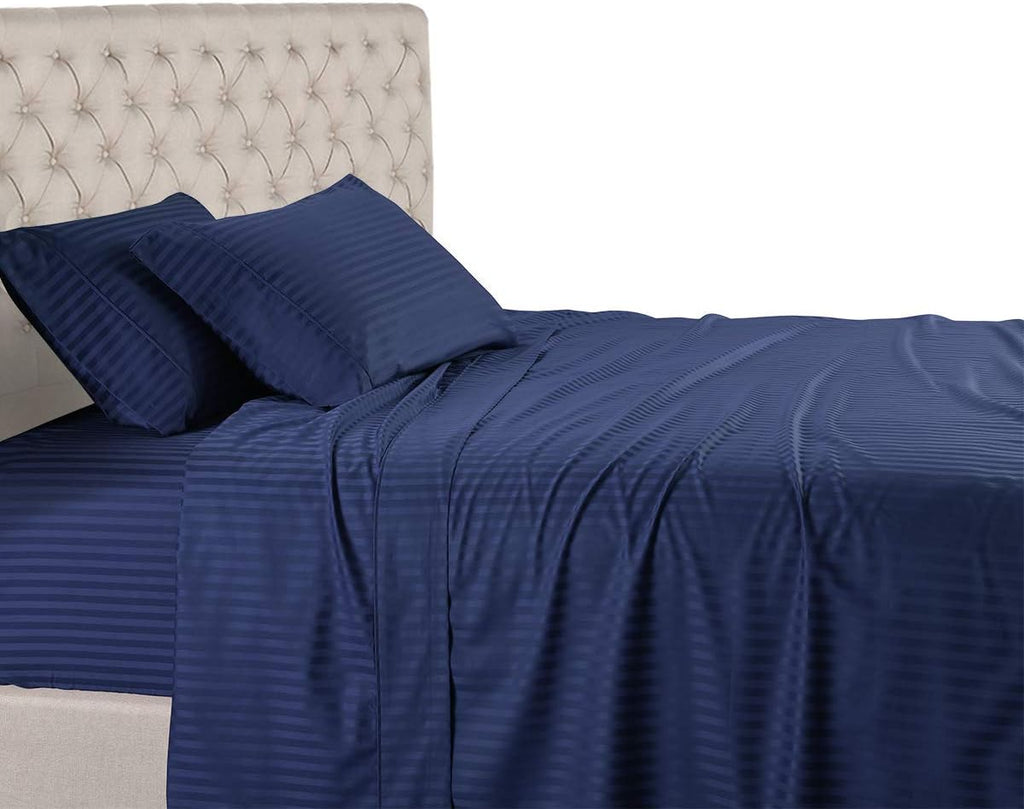White 600 Thread Count 100% Cotton Sateen Stripe 4PC California King Size Bed Sheet Set H2778