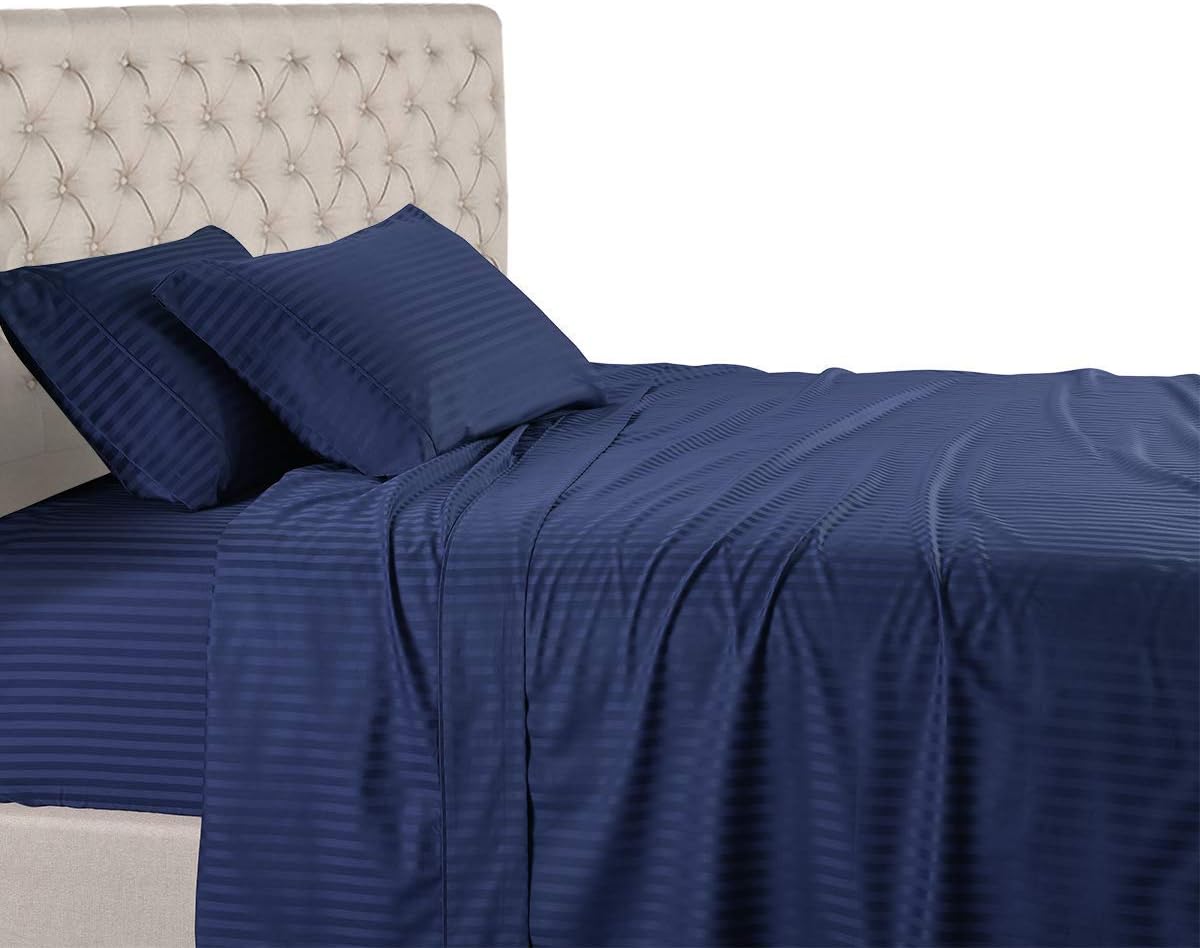 White 600 Thread Count 100% Cotton Sateen Stripe 4PC California King Size Bed Sheet Set H2778