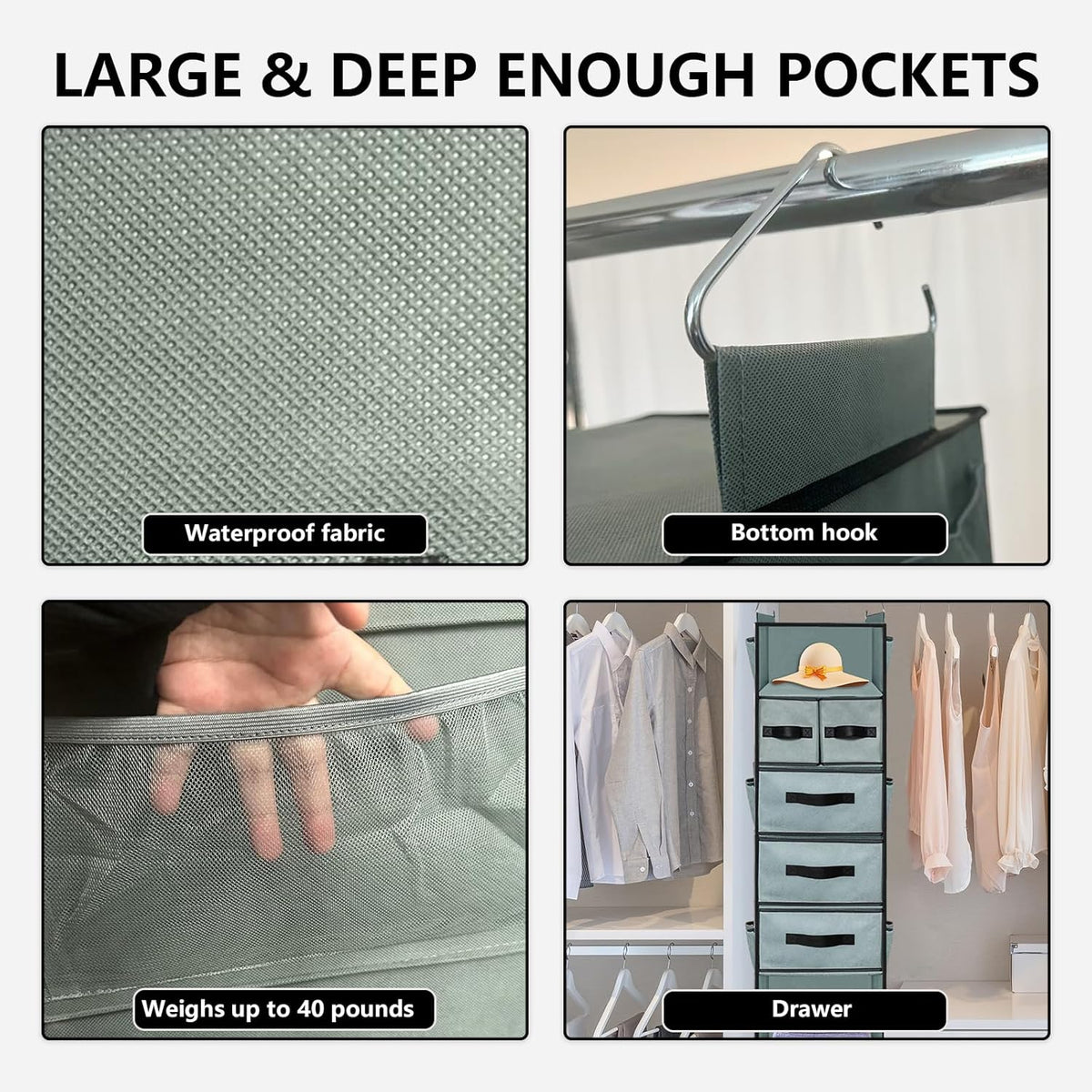Grey Hanging Closet Organizer with 7 Shelves, 5 Drawers, 6 Side Pockets N429