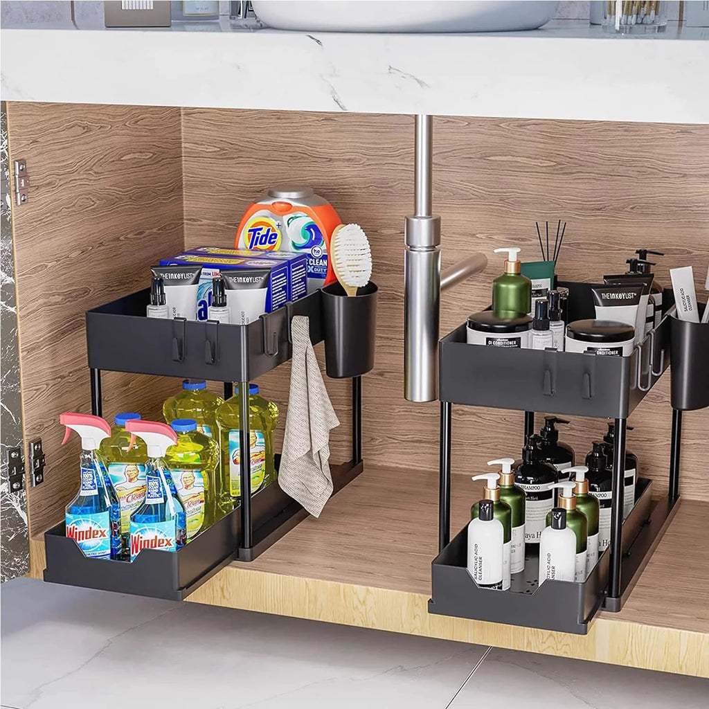 2 Tier Pull-out Under Sink Organizer with Hooks and Hanging Cup O1368