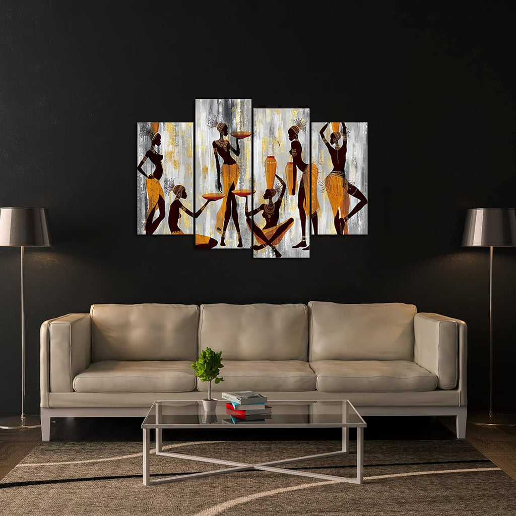 4 Pieces African Women Canvas Wall Art Abstract Yellow and Grey Poster Print 48x33inch R894679
