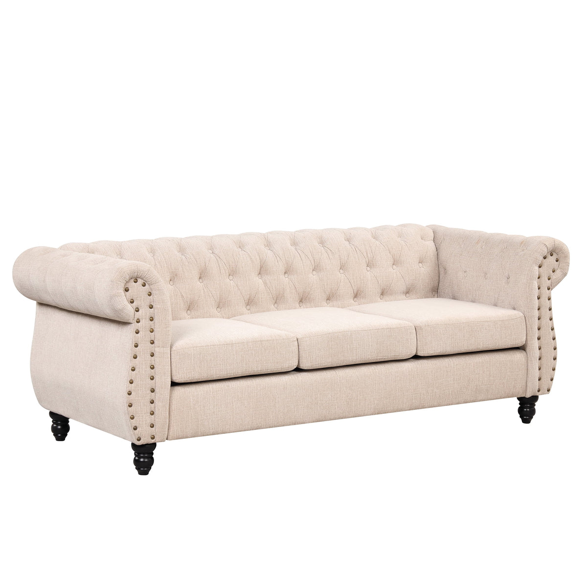 3 Seater Button Tufted Upholstered Sofa with Rolled Arms F156695