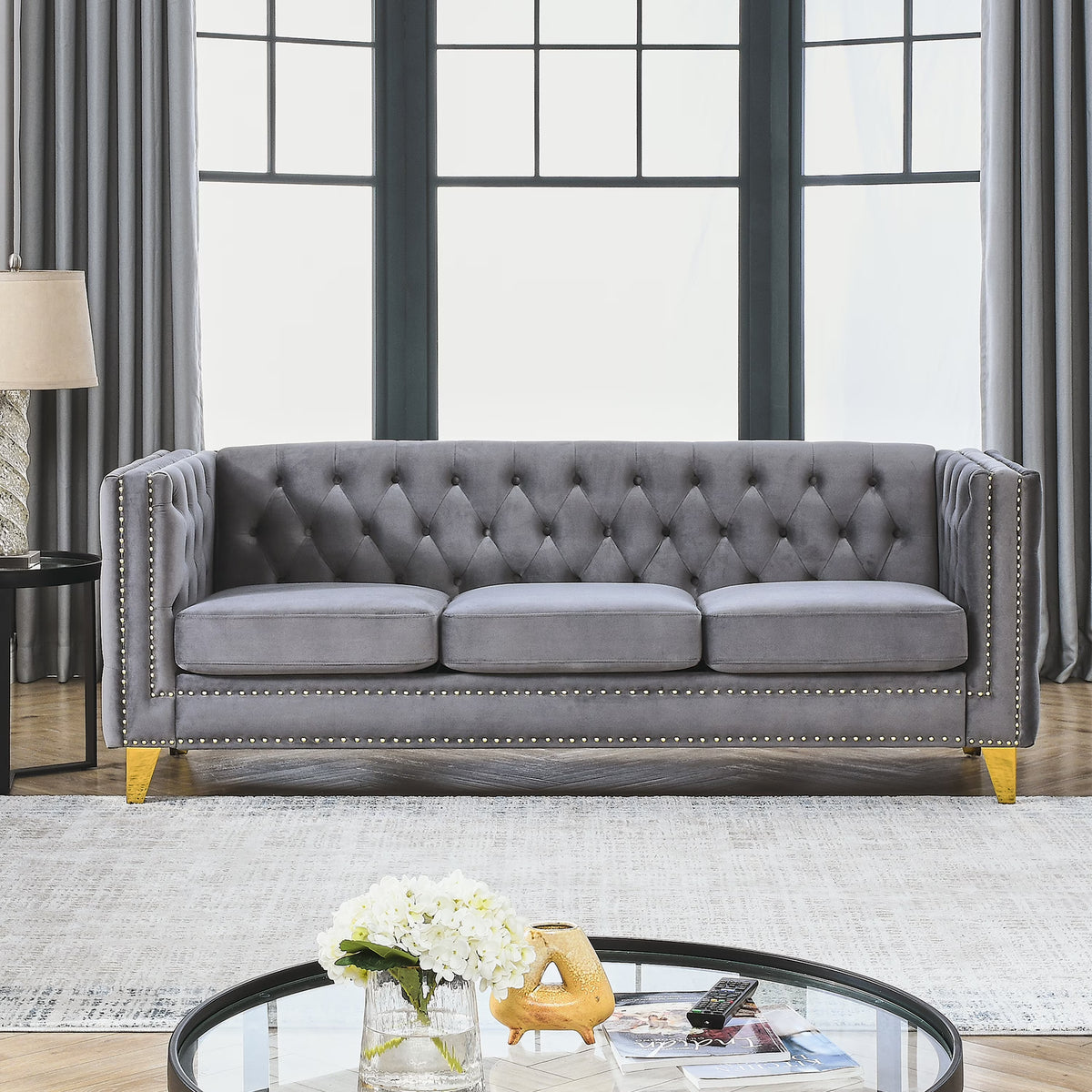 Grey Velvet Button Tufted Sofa with Metal Legs W332