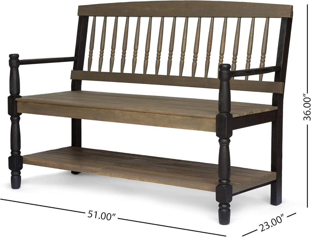 Gray and Black Acacia Wood Bench with Shelf R1668