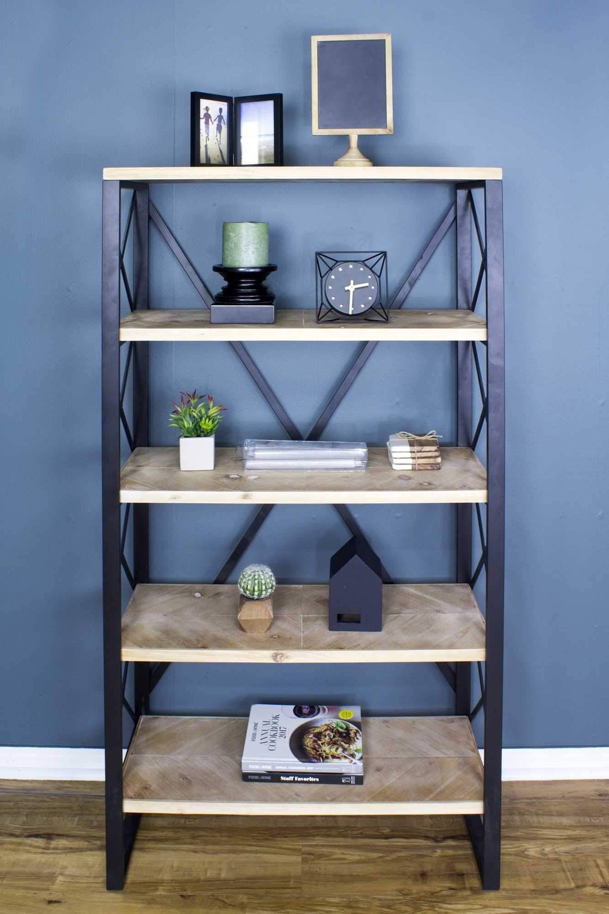 Natural and Orange Metal Wood Bookcase with 5 Shelves F4707