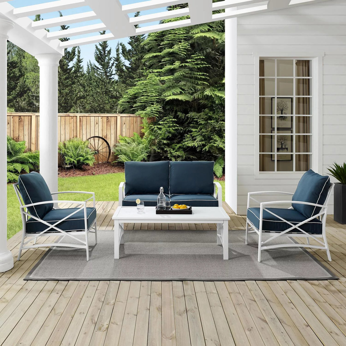 4 Pc Outdoor Metal Conversation Set Navy White Z115712