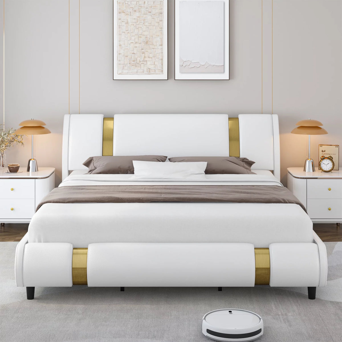 Full Size Leather Upholstered Platform Bed Frame with White Headboard Q702