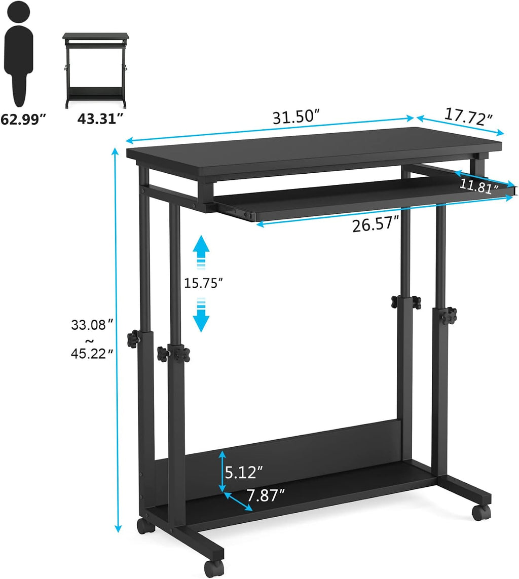 Black Height Adjustable Rolling Laptop Cart with Keyboard Tray H57671