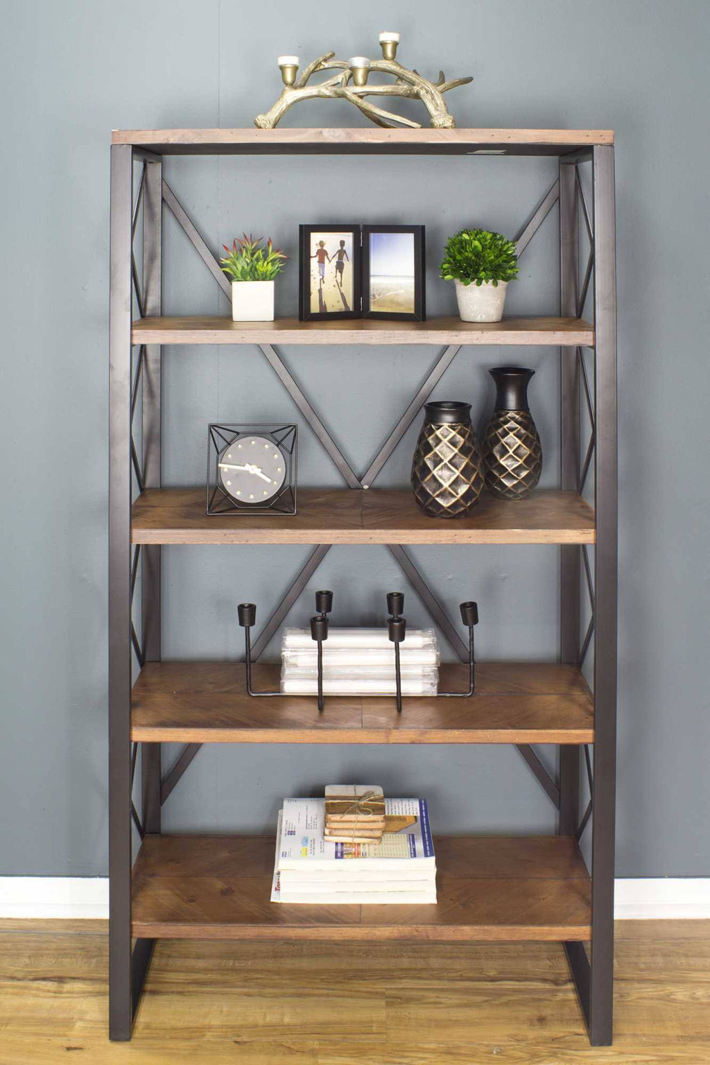 Natural and Orange Metal Wood Bookcase with 5 Shelves F4707