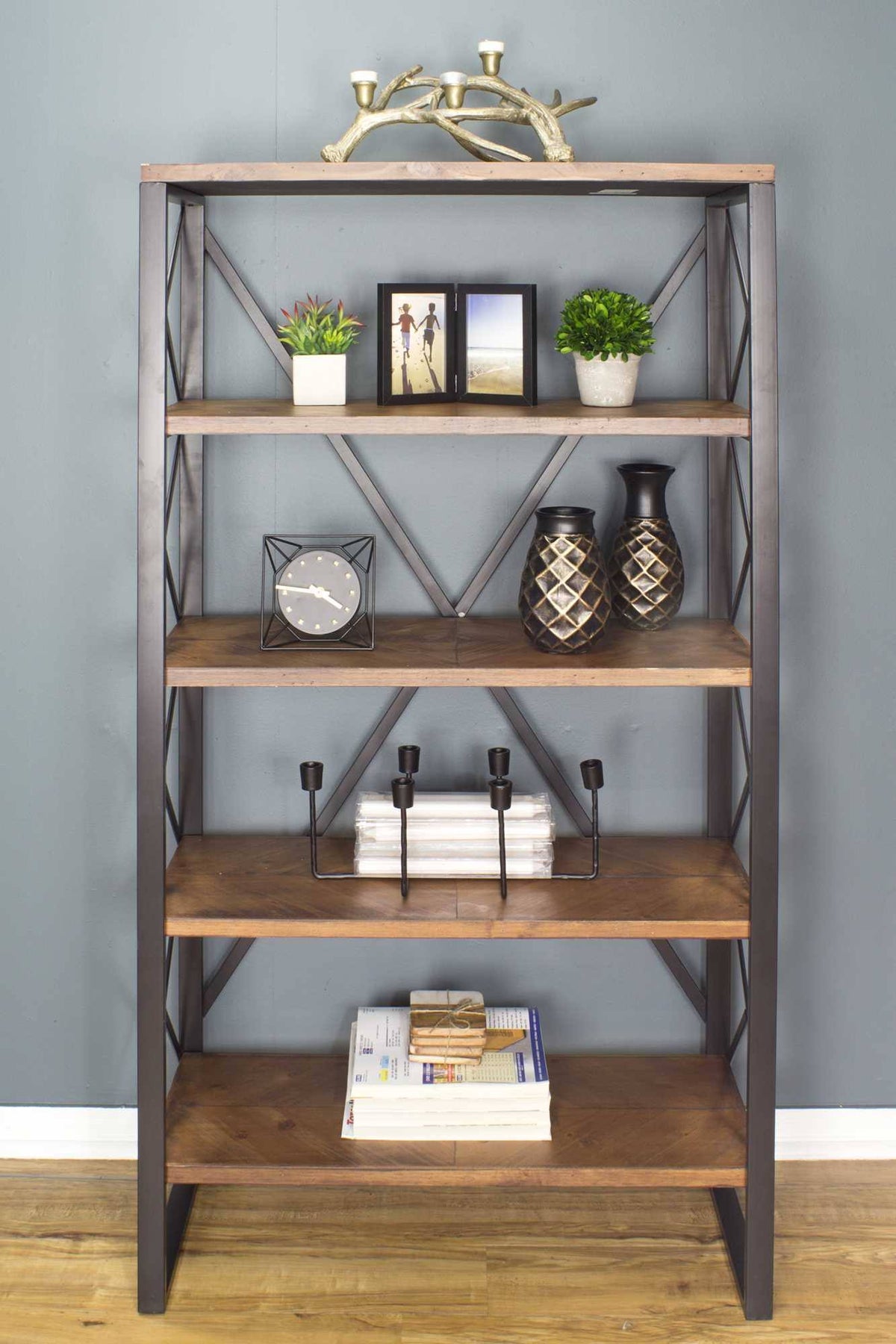 Natural and Orange Metal Wood Bookcase with 5 Shelves F4707