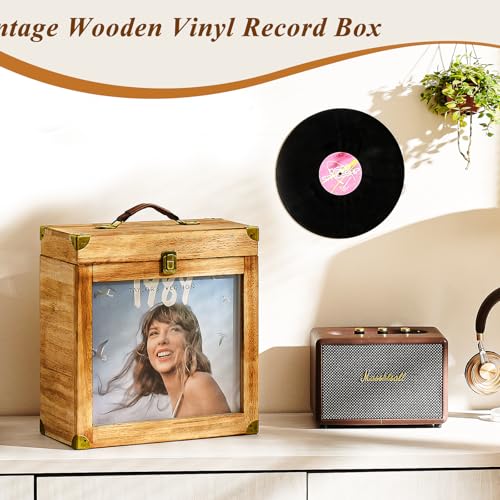 Vinyl Record Storage Case, Wood, Holds 40 Records, Carbonized Brown P987