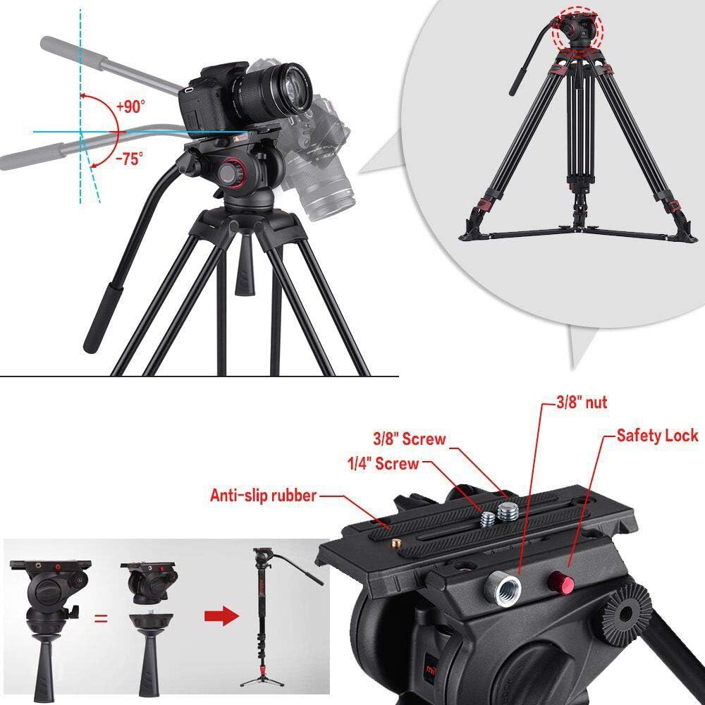 Heavy Duty Aluminum Fluid Head Video Tripod with Ground Spreader E3036