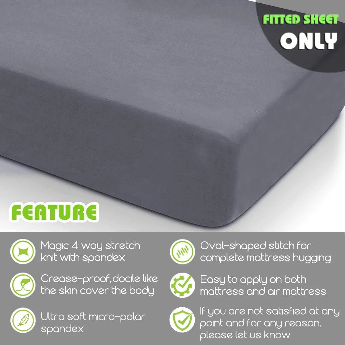 Gray Twin Fitted Sheet, Micro-Knit, 4-Way Stretch, Deep Pocket 8” to 10” D21754