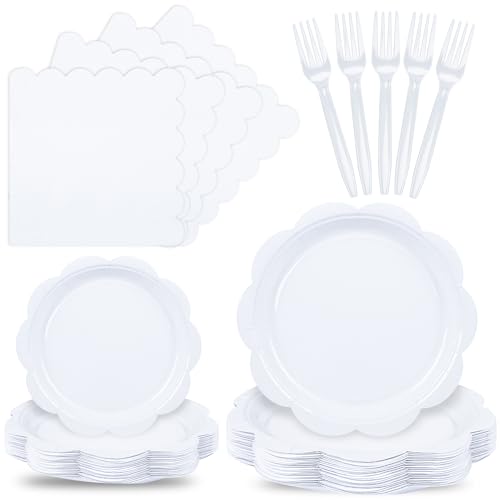 400 Pcs Ivory Paper Plates and Napkins Set Disposable Scalloped Plates Napkins Knives Forks Spoons Cups E95927