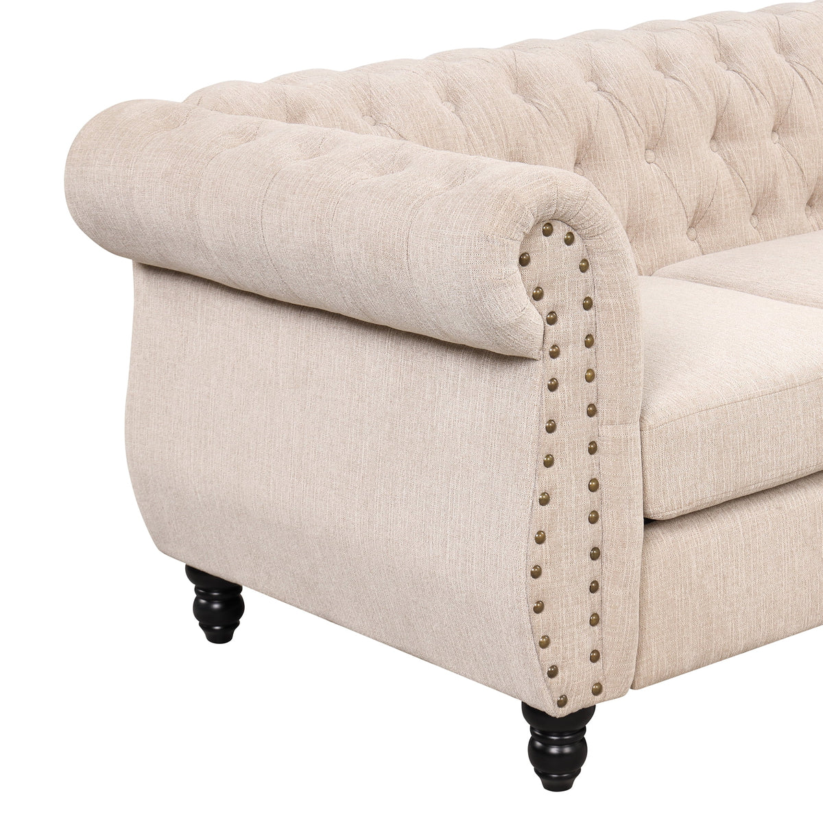 3 Seater Button Tufted Upholstered Sofa with Rolled Arms F156695