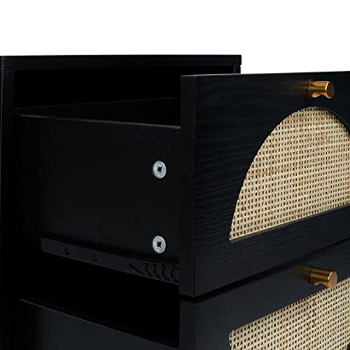Black 2-Drawer Rattan Wood Nightstand M695