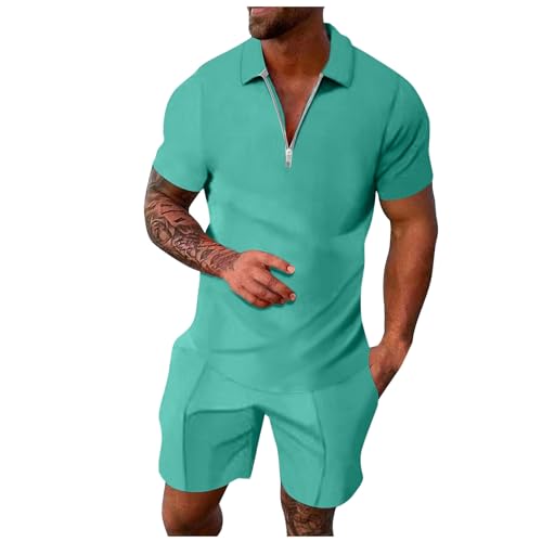 Solid Color Zip Up Short Sleeve Tshirts Shorts Sets Z6362