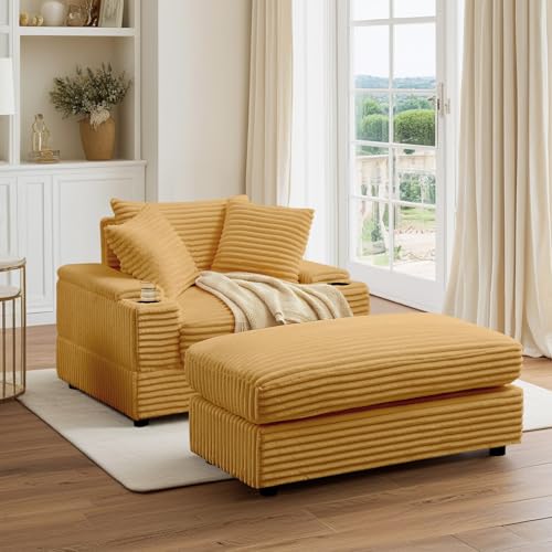 Oversized Corduroy Chaise Lounge Chair with Ottoman and Cup Holder N52132